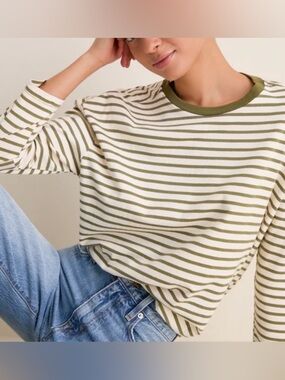 POMANDER PLACE 
Olive Striped Knit Popover 
Minimalist Quiet Luxury NWOT